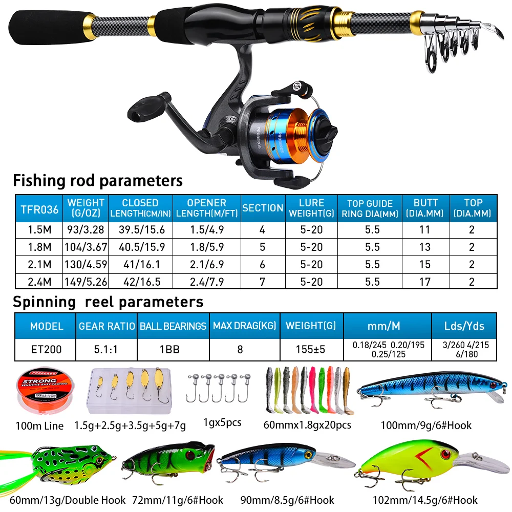 PROBEROS 1.5m-2.4m Fishing Rod - Spincast Reel recension och pris